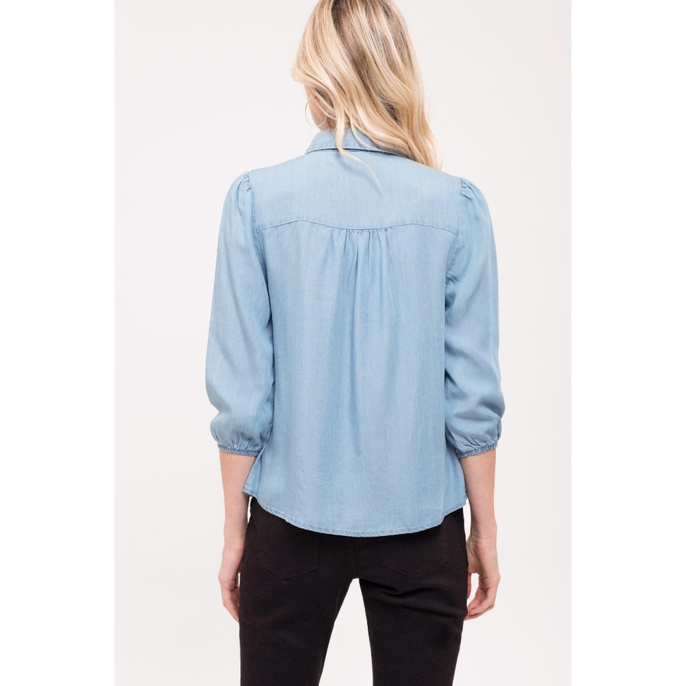 Button Up Top 3/4 Sleeve Ribbon Tie With Ruffles - Picture 5 of 7